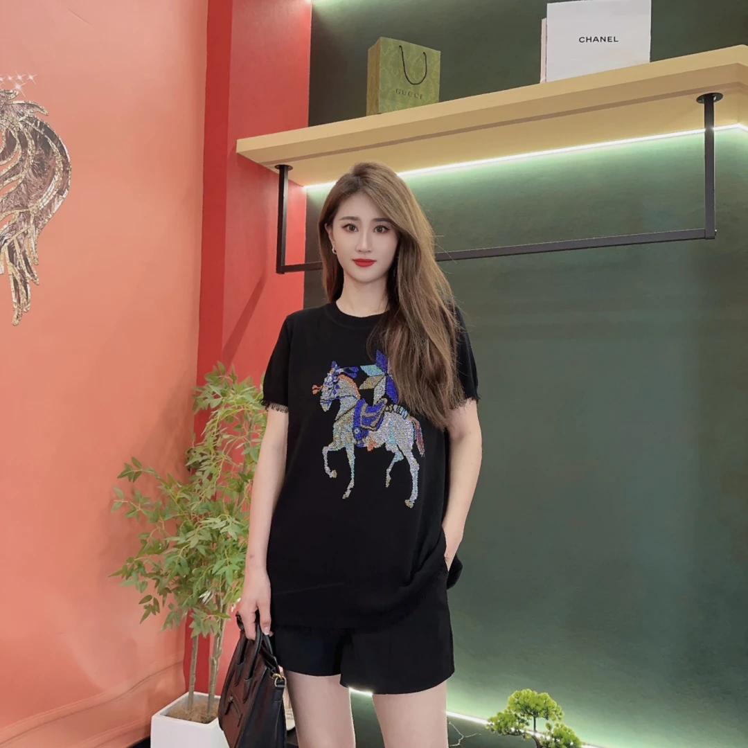 6919多金时尚妈妈夏装宽松雪纺针织短袖新款中年遮肚子洋气上衣