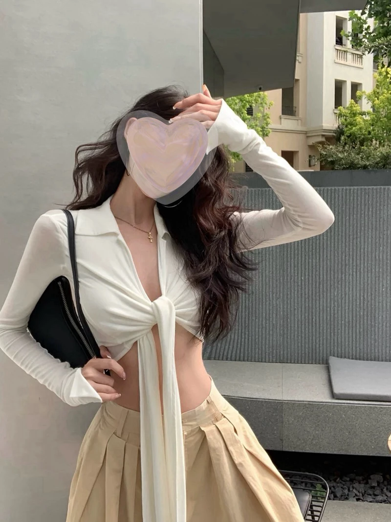 气质翻领长袖女夏季绑带修身设计感显瘦上衣