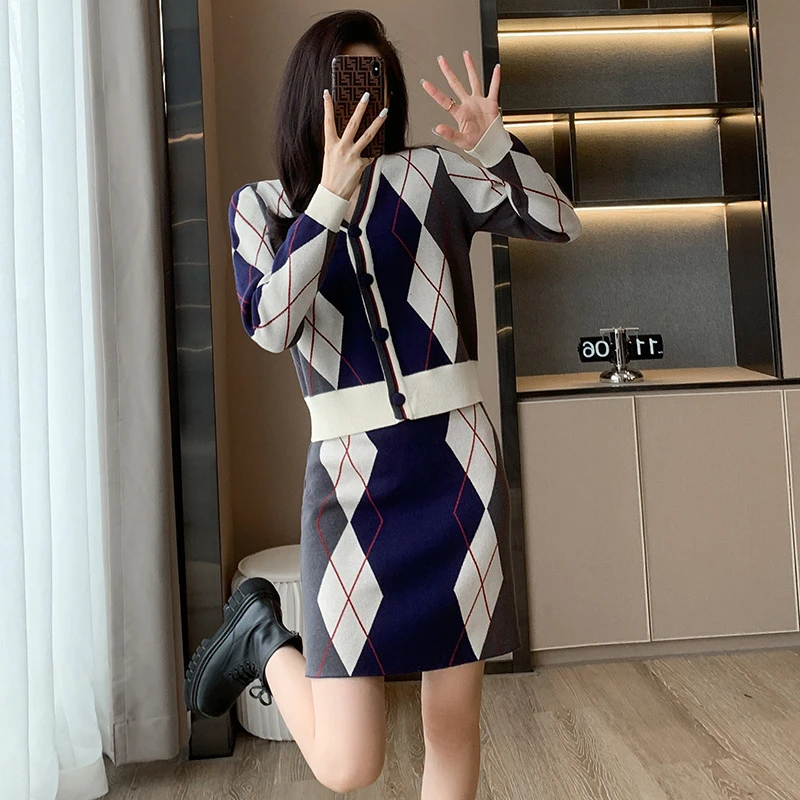 名媛小香风时尚休闲套装女冬季开衫毛衣A字短裙针织两件套装裙子