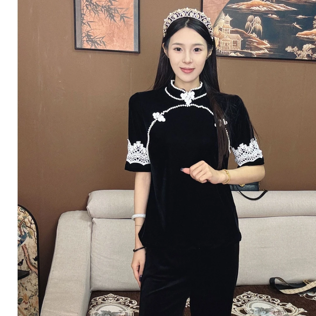 珍珠丝绒蕾丝半截袖气质复古中国风