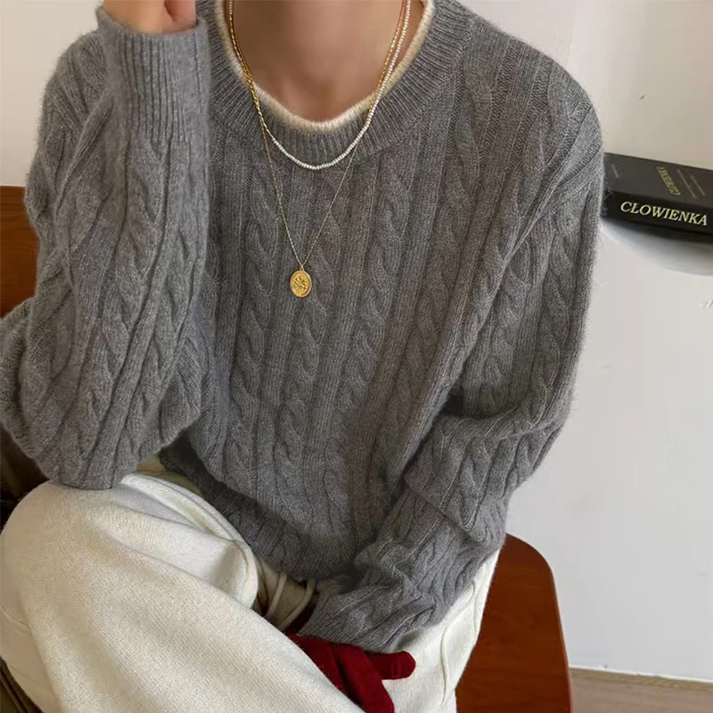 「双领麻花」毛衣长袖秋冬针织衫宽松圆领休闲套头时尚上衣-9617