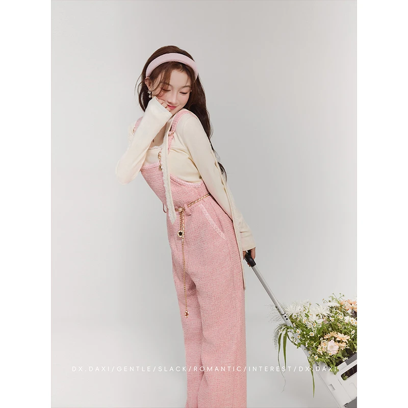 代大喜【梦境】小香风优雅气质粗花呢粉色减龄背带裤春季新款休闲裤