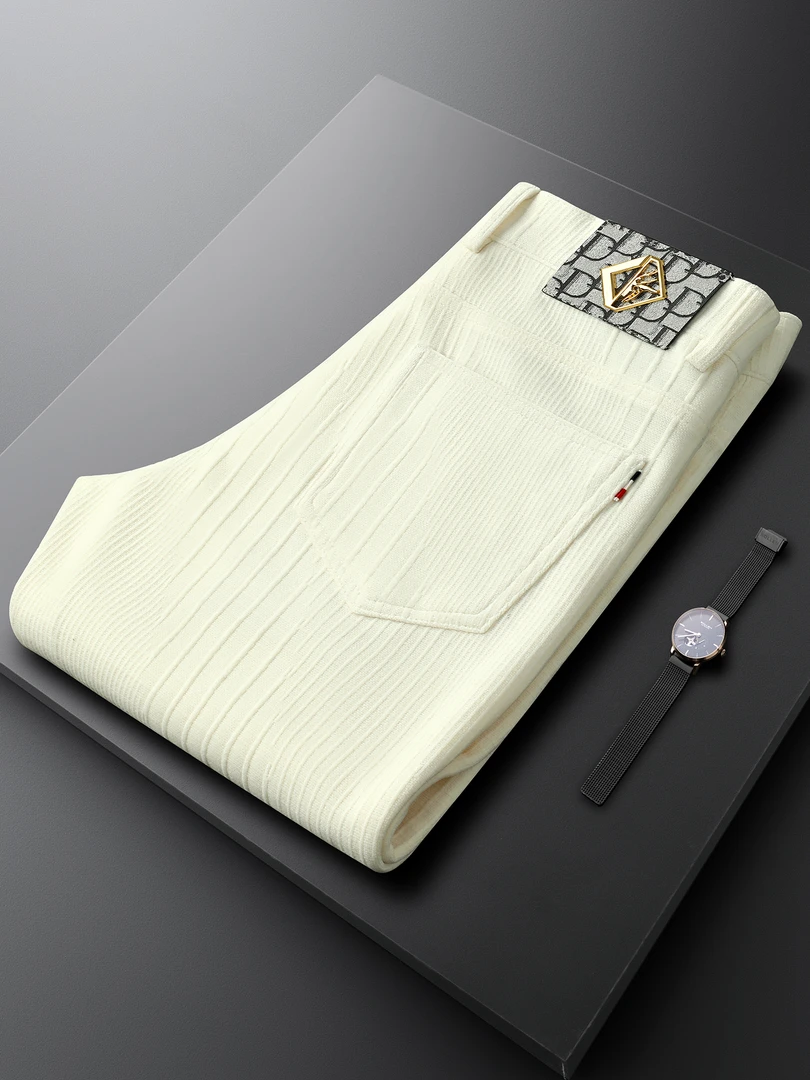 男士轻奢米白色商务休闲裤修身小直筒裤秋冬季针织提花欧棉绒裤子