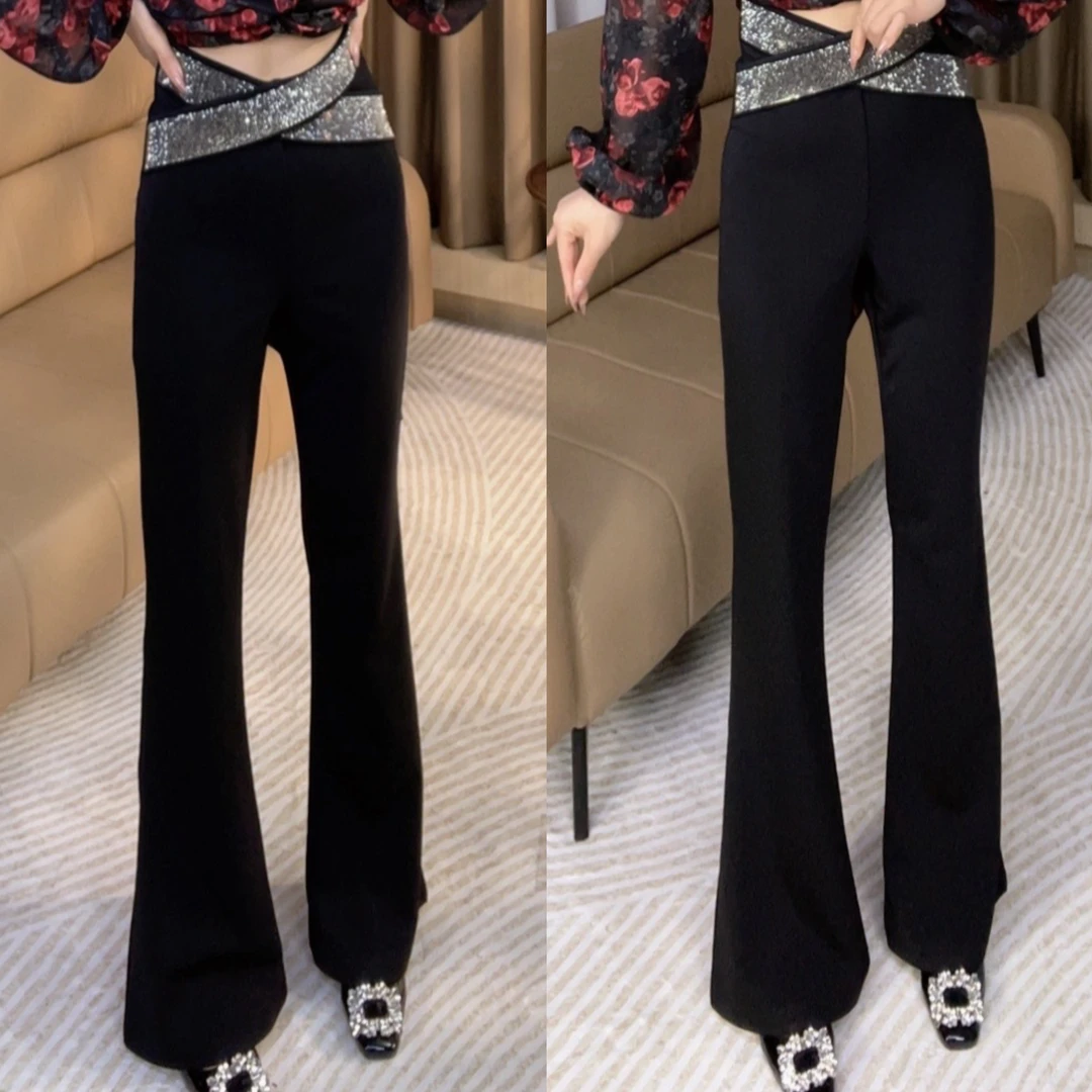 时尚百搭腰头交叉烫钻高腰显瘦显高微喇裤长裤