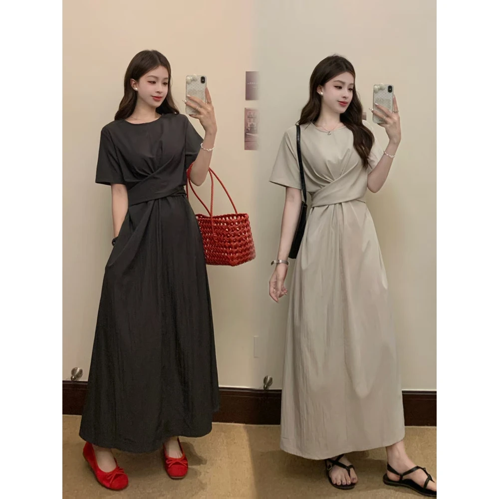 实拍大码女装设计感交叉绑带收腰连衣裙胖mm显瘦遮肚休闲气质长裙