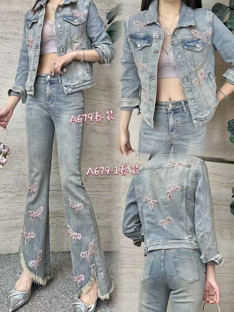 超然2025春高腰显瘦微喇牛仔裤复古蕾丝蝴蝶结修身时尚百搭套装