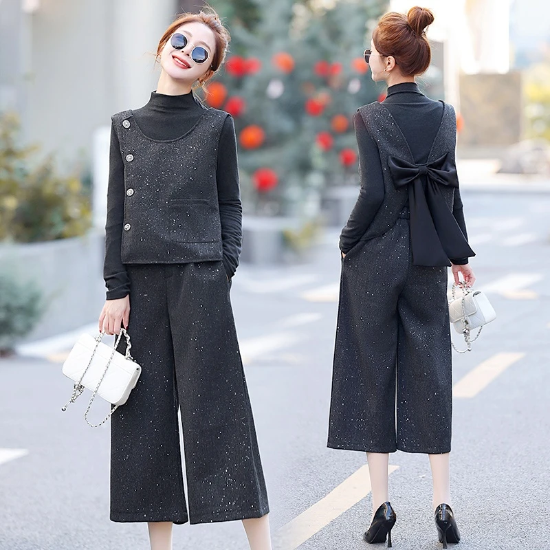 三件套装春秋亮片洋气后背蝴蝶结马甲时尚宽松2025新款休闲阔腿裤