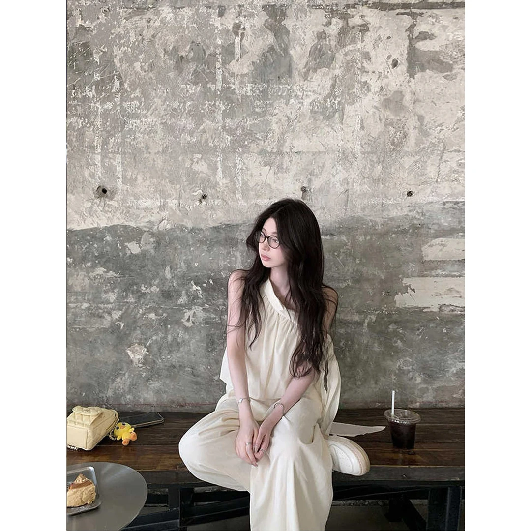 清纯白月光穿搭套装女夏季斜肩绑带宽松上衣高腰直筒休闲裤两件套