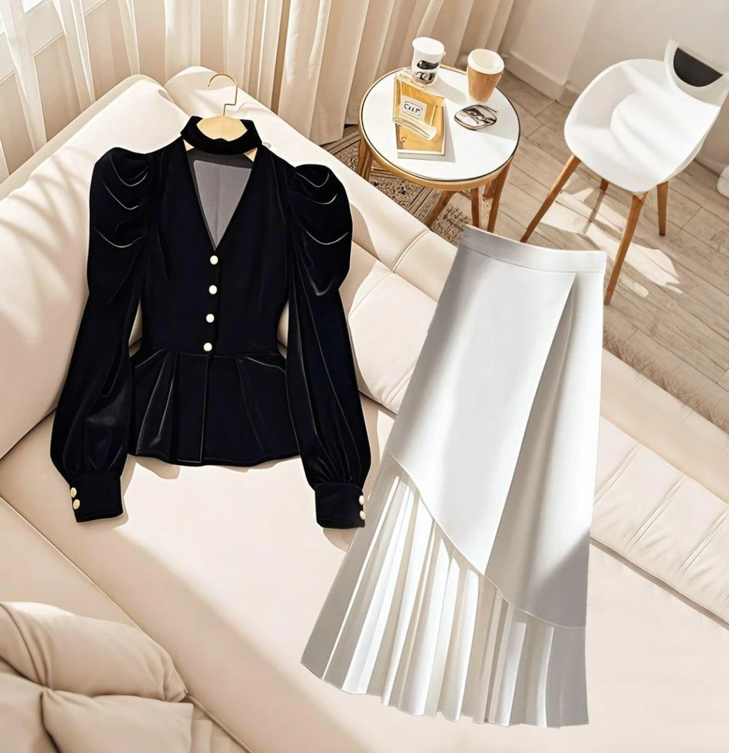 2025春秋新品时尚法式V领丝绒衬衫小众高级感白色半身裙两件套女