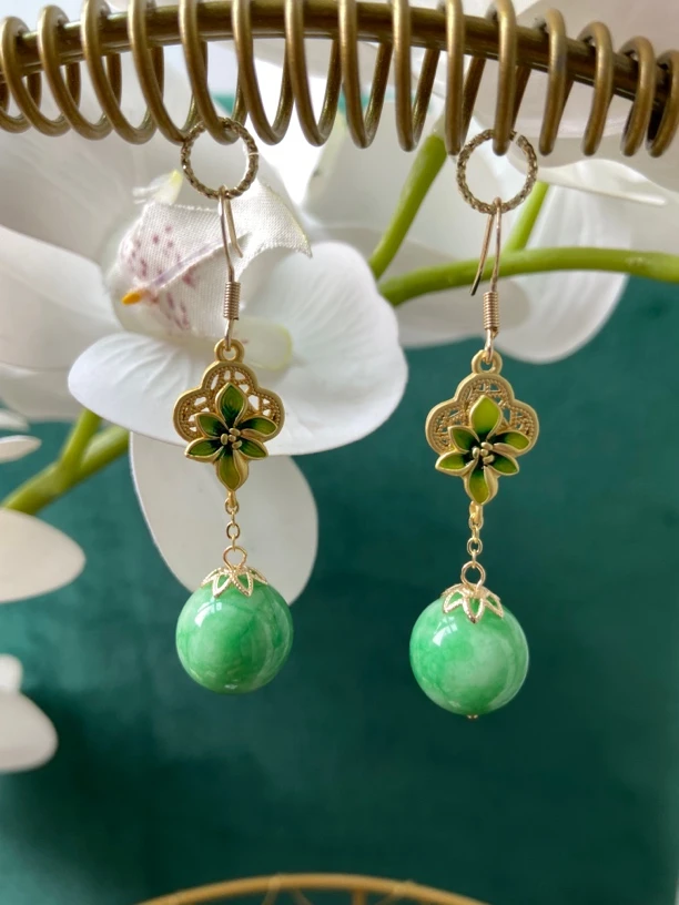 合金大理石耳饰 浅色绿珠绿花牌配件流苏耳饰