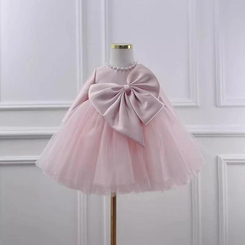 小众设计宝宝周岁长袖女童礼服粉色蓬蓬裙生日裙演出主持比赛