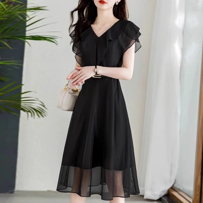 拉夏贝尔黑色雪纺连衣裙2025新款女夏雪纺气质时尚高级感礼服裙子