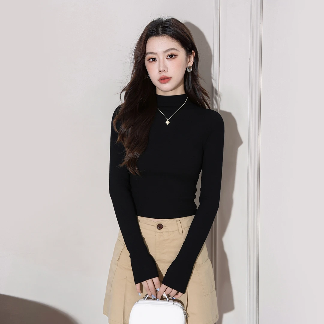 半高领齐腰长袖打底衫女秋冬内搭2025新款修身显瘦盖肚脐款上衣