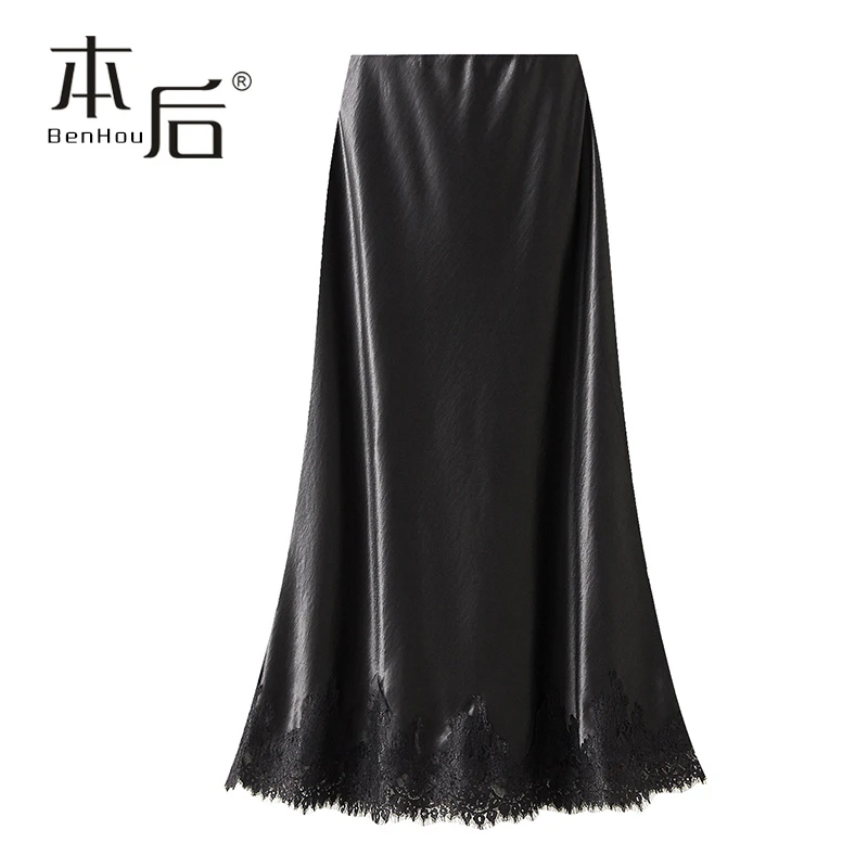 9837 洋气蕾丝拼接缎面珠光半身裙春秋女2025新款垂感中长A字长裙