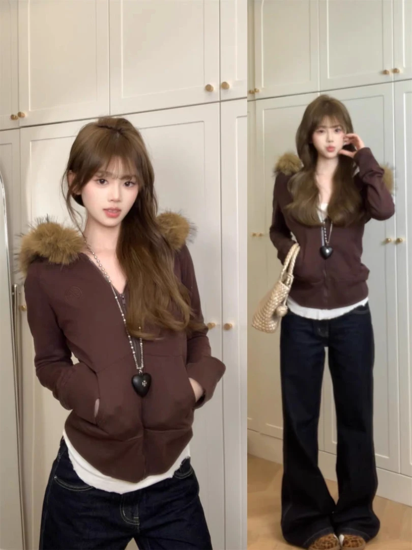 美式复古辣妹美拉德毛领连帽卫衣外套女秋冬2025新款修身收腰开衫