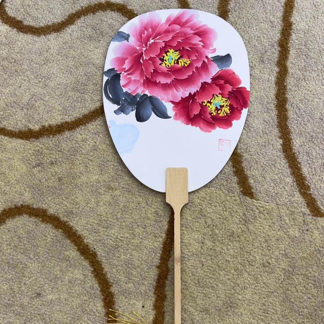 国画安然扇子花鸟童