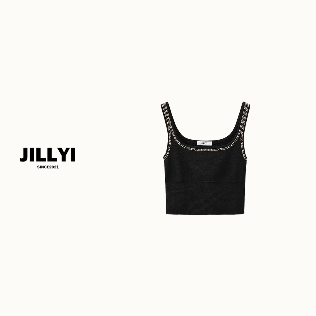 JILLYI【全能打底】香香子针织气质手缝链条时尚黑色修身小背心