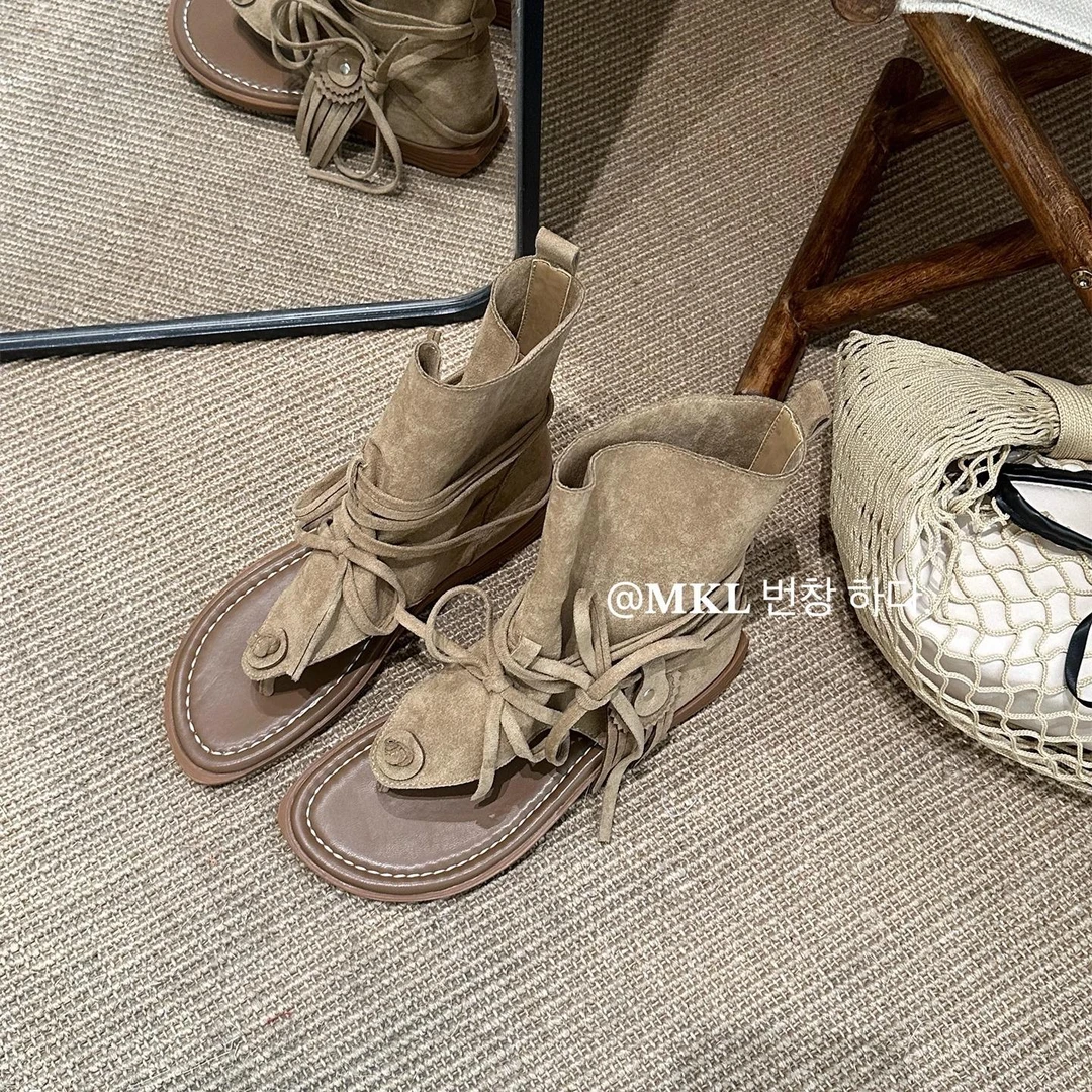 【高奢&达人款】夏天靴子西北旅游新款百搭圆头露趾西部牛仔靴低