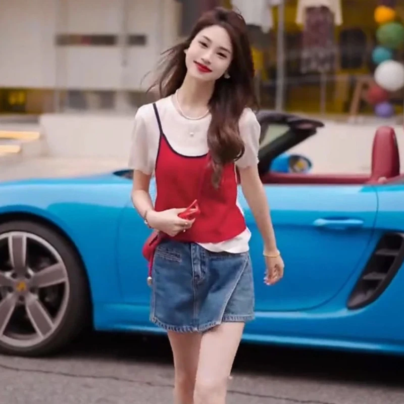 夏季新款圆领百搭短袖假两件T恤时尚气质休闲上衣女