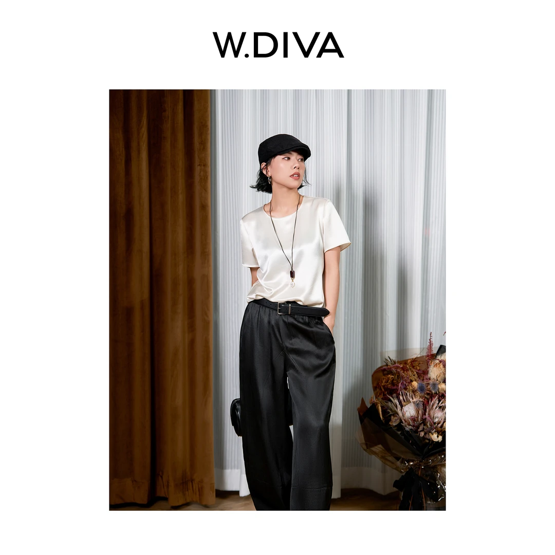 W.Diva【空域】醋酸緞面细腻质感正肩短袖衬衫小衫52S132108