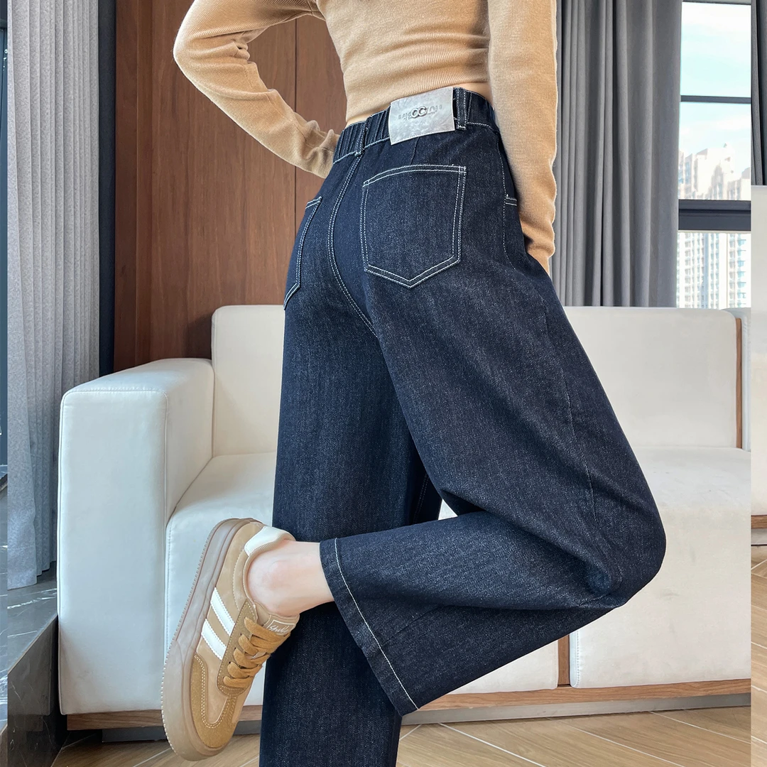 深蓝色哈伦牛仔裤女秋季2025新款直筒宽松小个子萝卜原色弯刀裤子