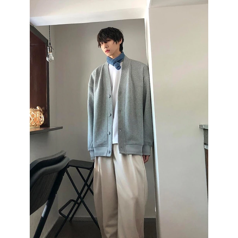 韩系穿搭慵懒风灰色V领卫衣开衫男款春季潮牌痞帅重磅cleafit外套