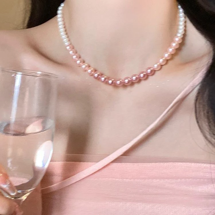 铜合金吊坠 气质渐变粉仿珍珠项链轻奢小众高级感锁骨链
