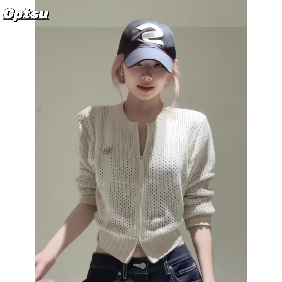 GPTSu白色圆领拉炼长袖开衫女秋季穿搭高级感纯欲辣妹绝美上衣