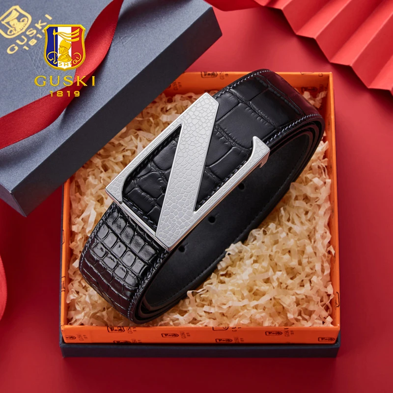 GUSKI真皮男款皮带鳄鱼纹腰带高档商务时尚送男朋友生日礼物实用