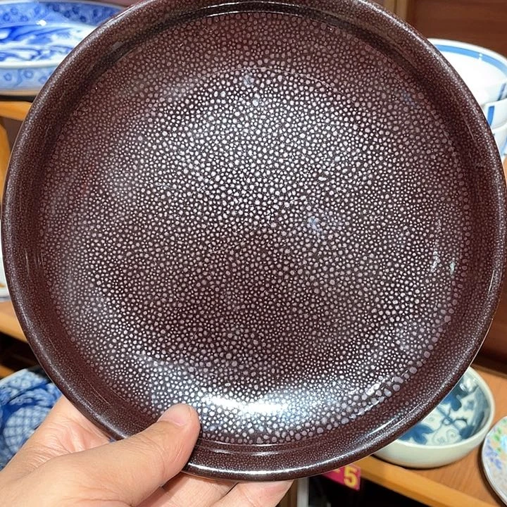 紫砂100如泉款陶胎内外满紫色滴油天目釉深盘