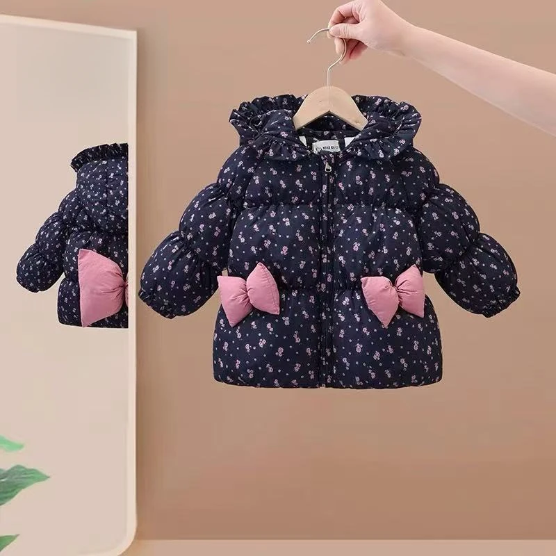 童装女童2024新款棉衣外套冬季加厚加绒儿童碎花大蝴蝶结棉服上衣