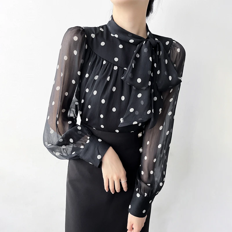 Q527法式复古波点雪纺衬衫女洋气显瘦蝴蝶结飘带衬衣时尚气质上衣