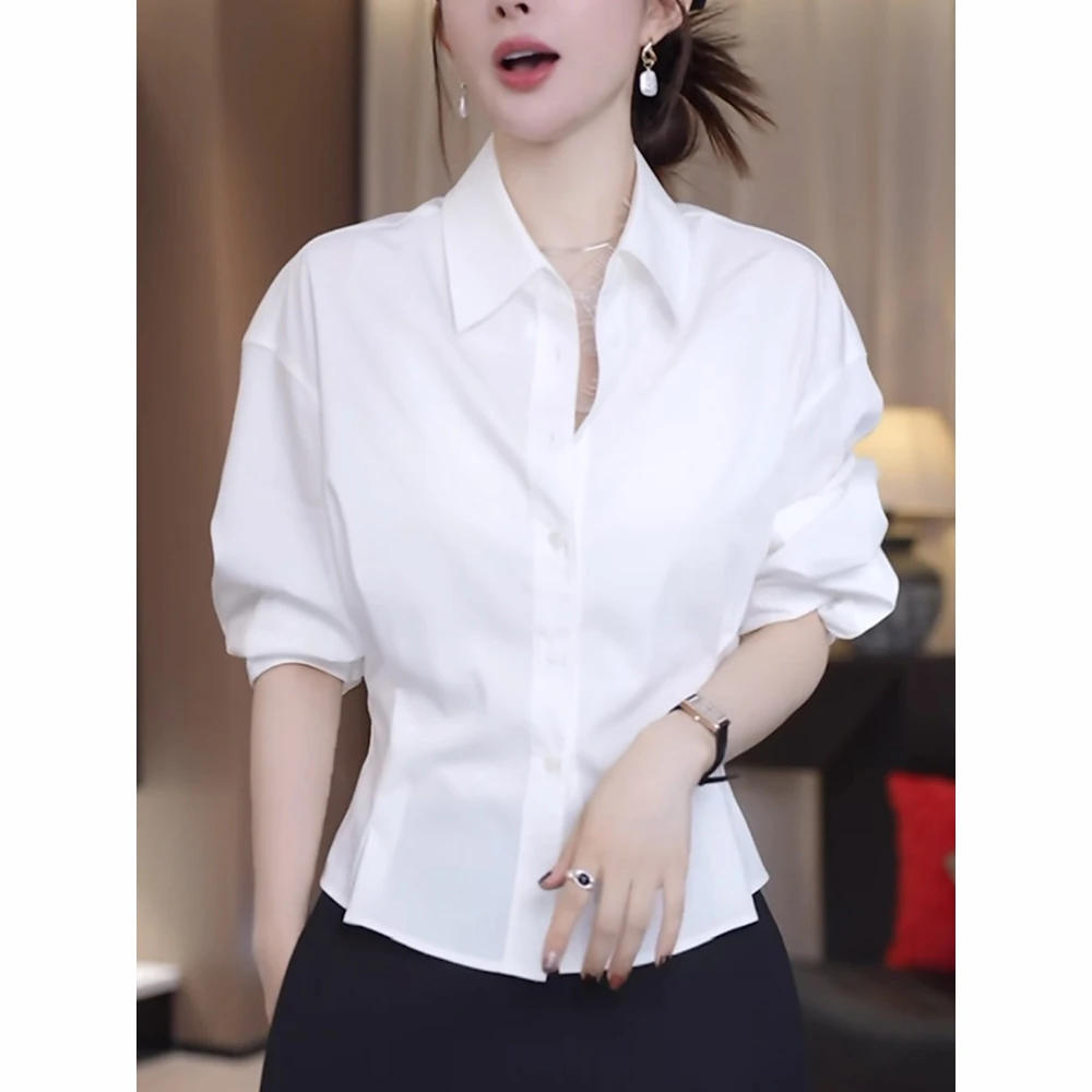 白色长袖衬衫女士2025秋季新款轻奢高级感收腰显瘦内搭打底衫上衣