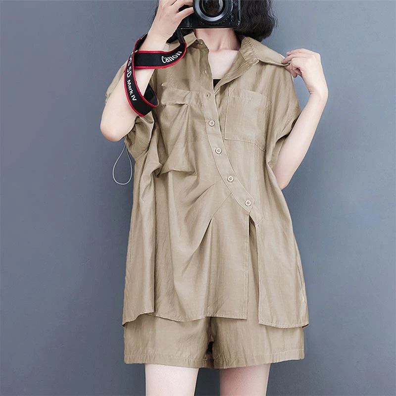 纯色衬衣短裤高级感气质套装2025夏新款小众炸街高级感女装两件套