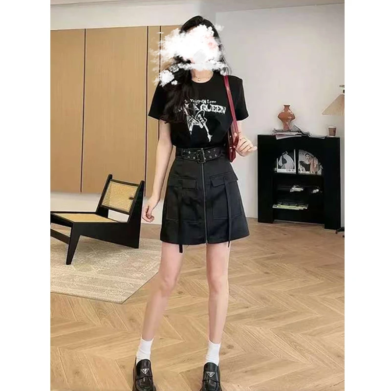 2025夏季美式复古修身显瘦连衣裙假两件拼接工装半身裙个性连衣裙