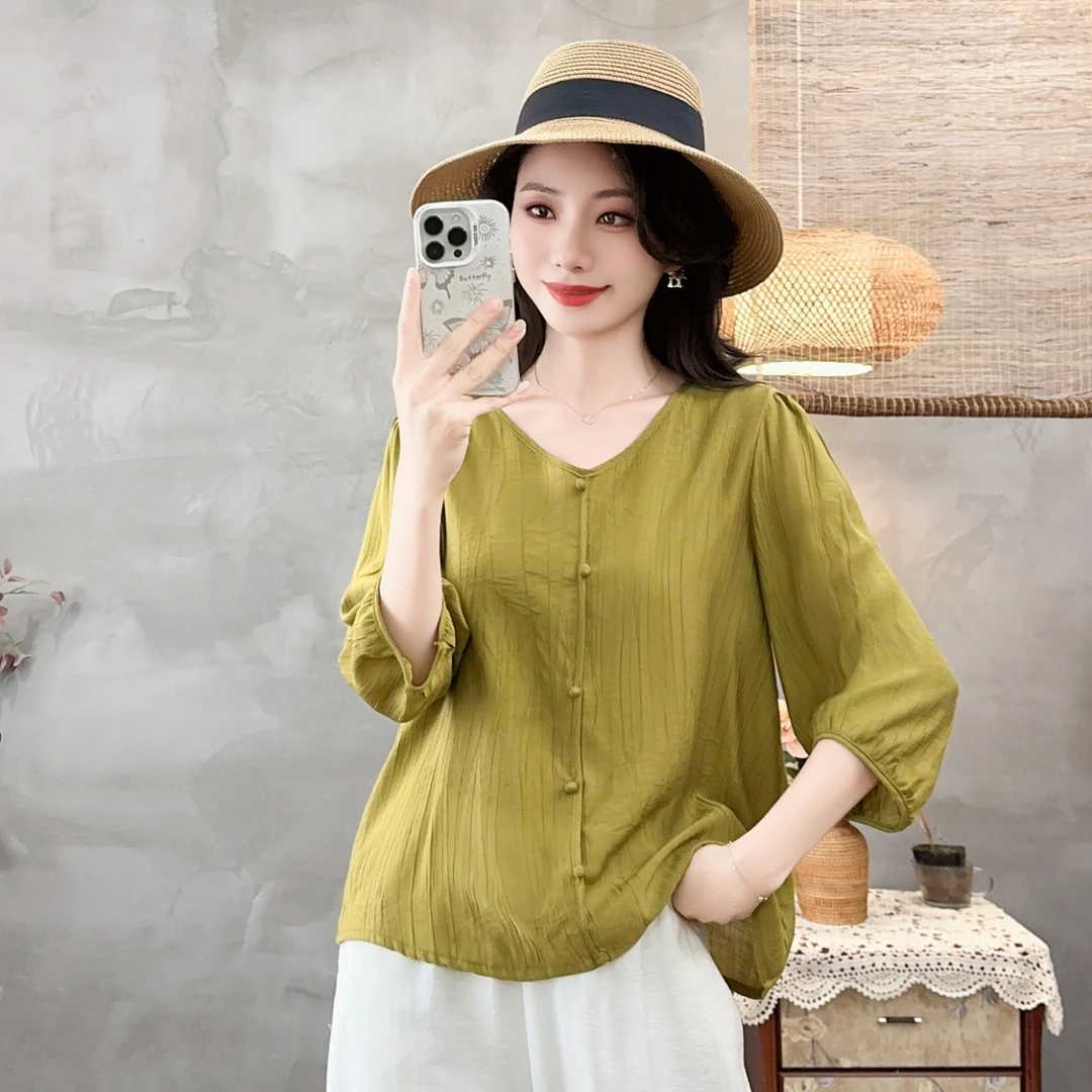 夏季V型女装宽松气质穿搭中袖#禅意气质款女装#出游服装女#