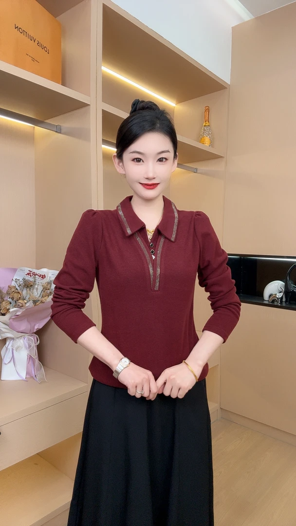 2025秋冬新款女士打底翻领镶钻加厚加绒小衫打底衫