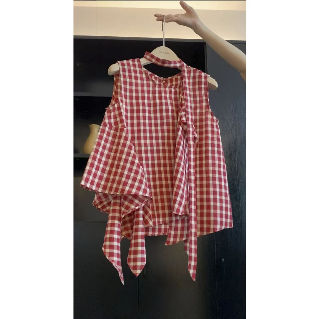 璎婲sᴀᴋᴜʀᴀ【盛夏物语】图韩版气质拼接不规则下摆配飘带无袖衬衫