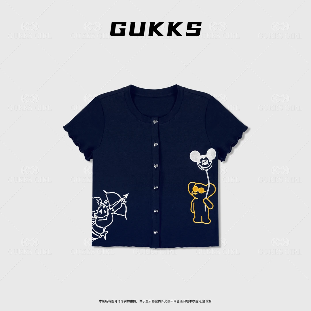 娜娜GUKKS『气球咪奇』夏季重工卡通刺绣纽扣开衫修身显瘦短袖T恤女