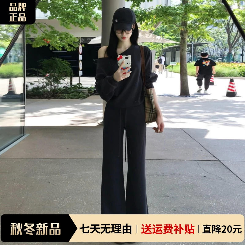 灰色斜肩卫衣休闲运动套装女早秋季2025新款巨好看韩系穿搭一整套