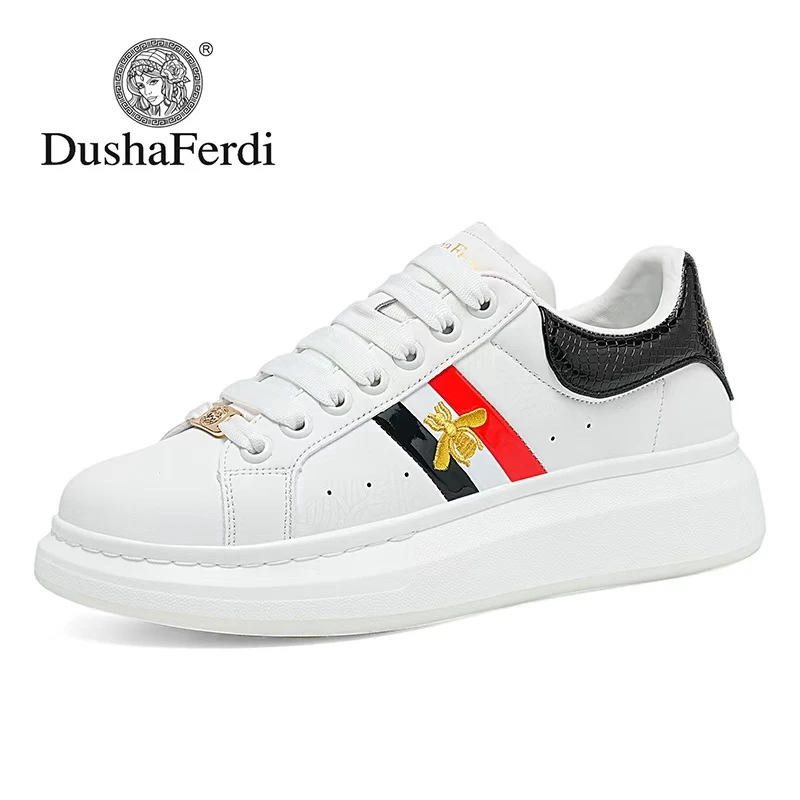 DushaFerdi 杜莎芬笛轻奢小蜜蜂情侣鞋四季爆款真皮格纹休闲鞋