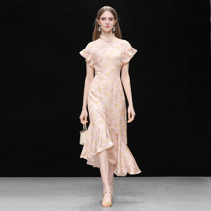夏新款新中式撞色印花立领收腰不规则鱼尾摆旗袍连衣裙GC10135353