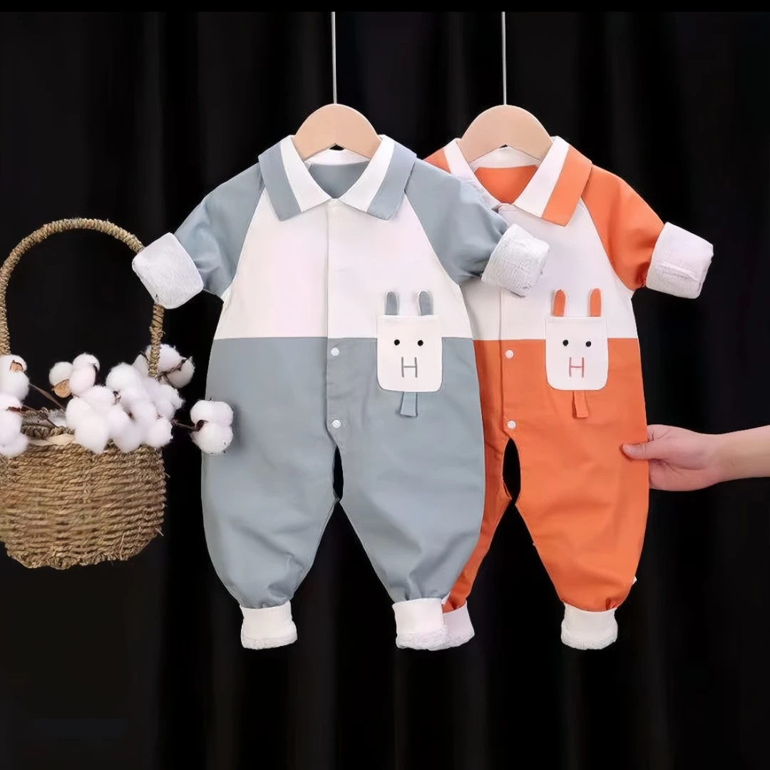 卡通风哈衣爬服婴儿双层连体衣长袖插肩袖春秋纯棉