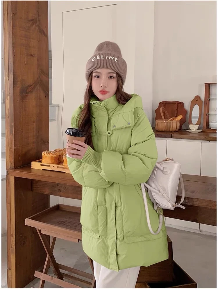 白鸭绒羽绒服女2025新款中长款冬季收腰显瘦时尚保暖连帽加厚外套