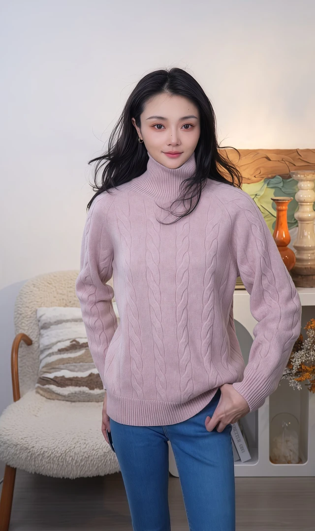 高领花织加厚100%baby山羊绒套头衫 800025919-01