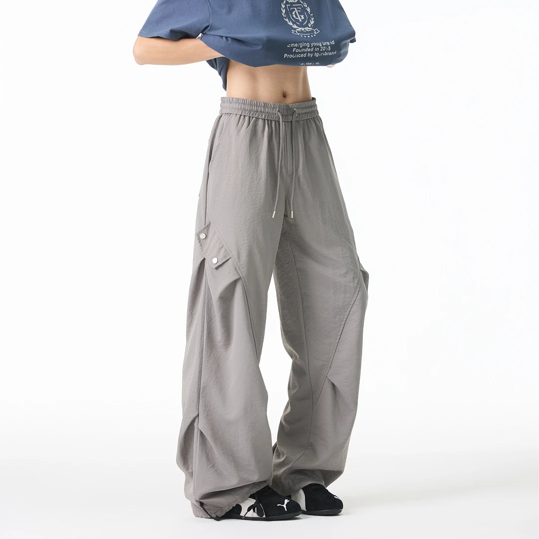 假口袋褶皱设计冰丝裤男士夏季新款潮流青少年宽松百搭休闲长裤
