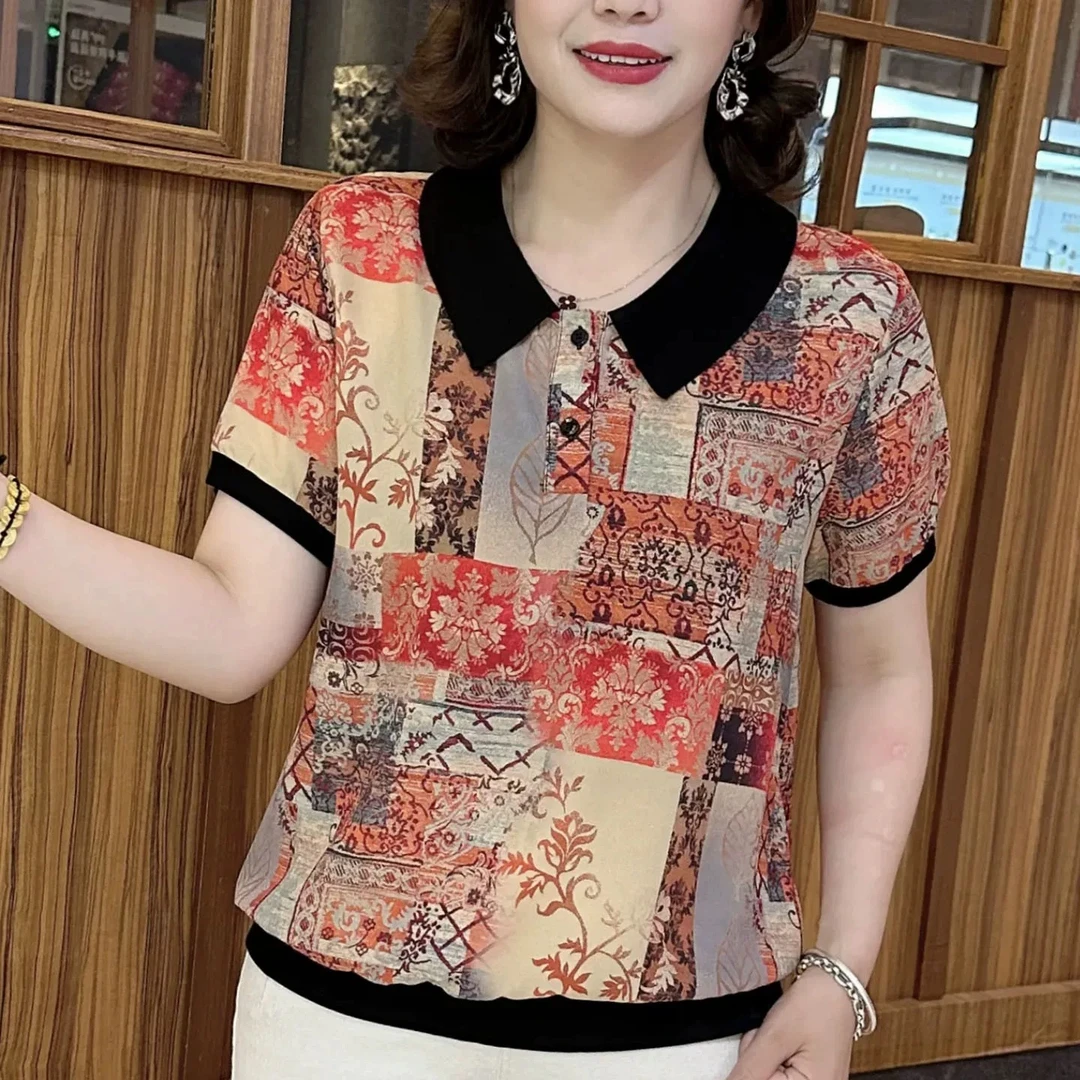 2025夏季休闲妈妈短袖T恤新款时尚洋气衬衣宽松显瘦减龄小衫女