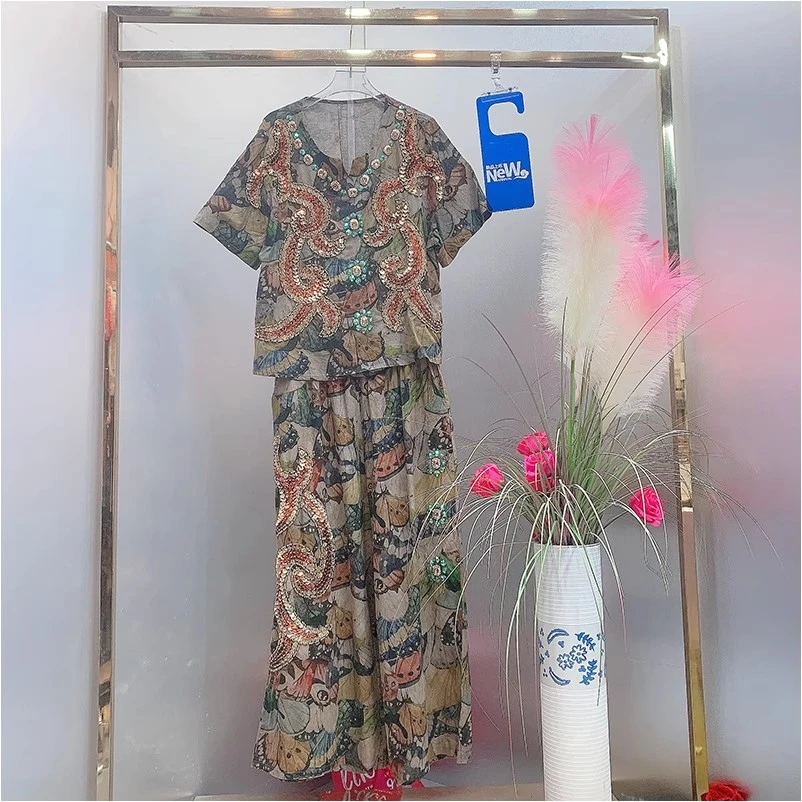 HH4793欧美风设计师2024夏季新款钉钻刺绣复古印染花色时尚套装女