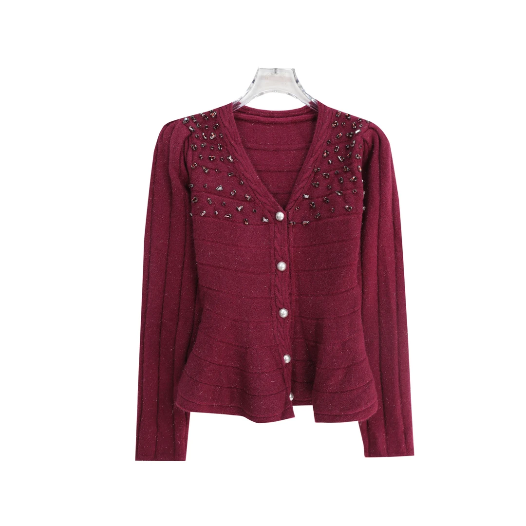 S 设计感重工镶钻V领毛针织衫气质修身百搭毛衣开衫X27250