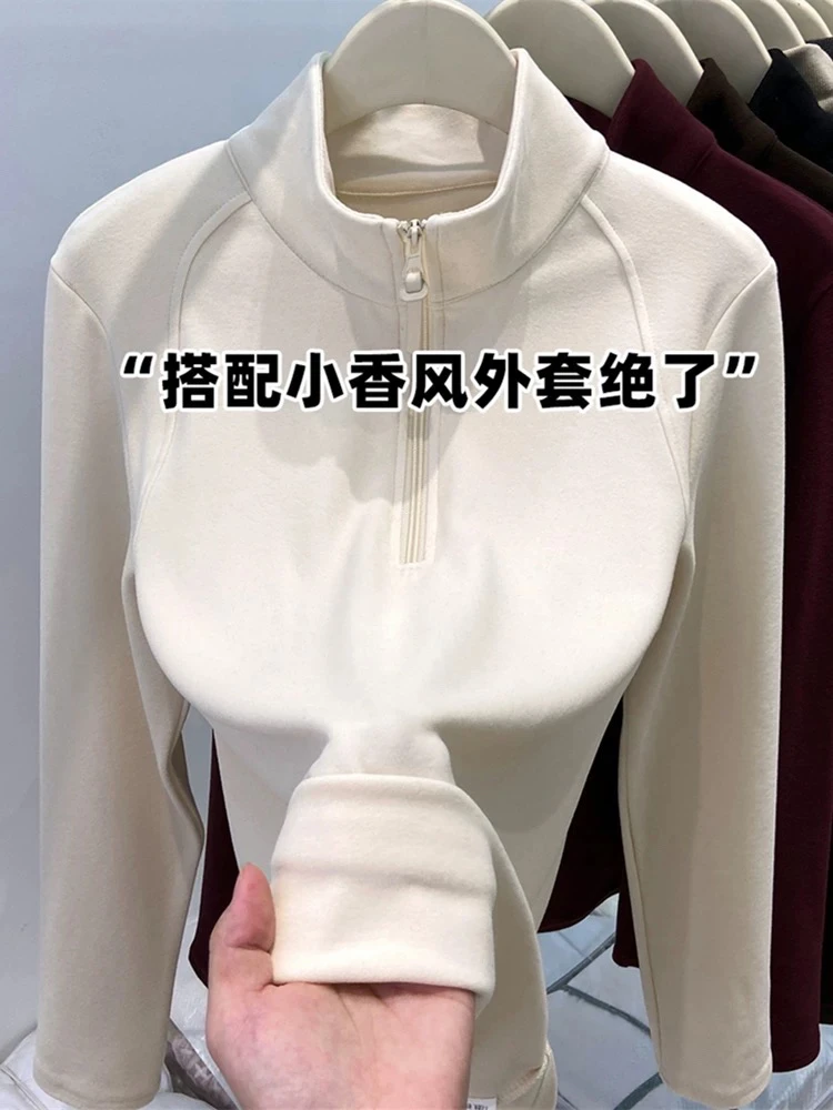 半拉链立领双面德绒长袖卫衣女秋冬季新款加厚打底衫内搭外穿上衣